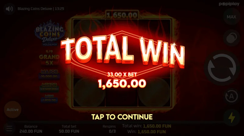 Blazing Coins Deluxe Respin total gevinst